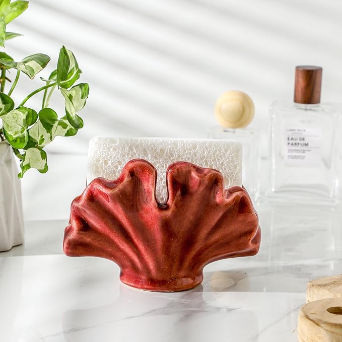 Ceramic Sponge Holder,Sponge Holder for Kitchen Sink,Compact Sink Caddy Organizer, Dish Sponge Holders,Farmhouse Kitchens Decor Cute Gadgets Accessories,Christmas Kitchen Decor(Red)