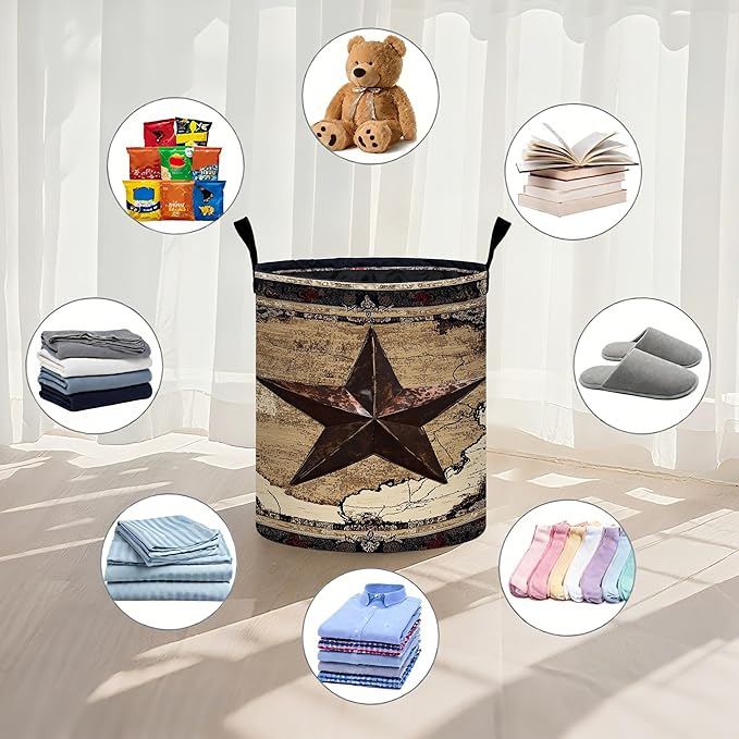 Western Texas Star Laundry Basket Foldable Oxford Cloth Tote Bag Laundry Hamper Clothes Storage Bucket Organizer For Bathroom/Laundry Storage/Bedroom 19.6x15.7 Inch