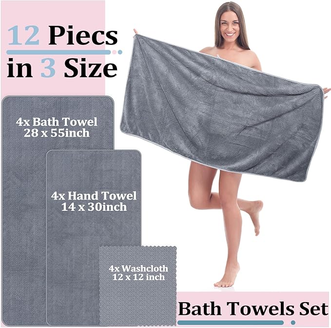 Preboun 12 Pcs Bath Towels and Washcloths 4 Sets Microfiber Bathroom Beach Pool Towel Set Quick Dry Coral Velvet Highly Absorbent for Fitness Sports Shower Travel Spa Hotel(Multicolor)