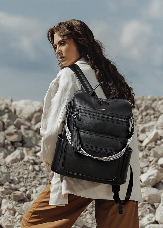 Shrrie 15.6 inch Laptop Backpack for Women,Large Leather Backpack Purse,Travel,Carry on,Water Resistant Casual Laptop Backpacks,College Backpack,Work Backpack for Women,Two-tone Black