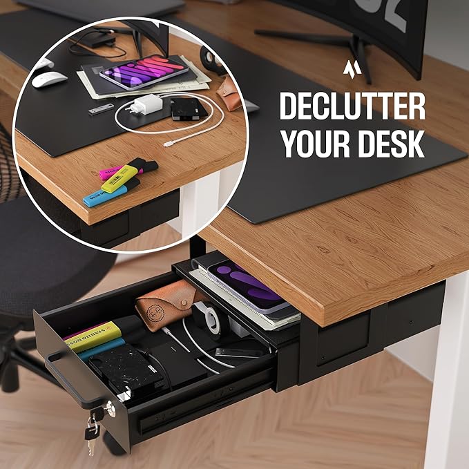 Under Desk Drawer Slide-Out – Lockable Metal Storage Drawer with Cable Management for Office & Home (Single, Bracketed)