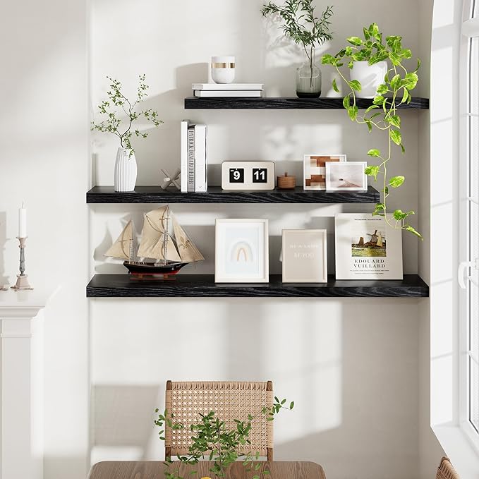 Fun Memories 72 Inch Floating Shelves for Wall, 72x9.3 Large Floating Shelf for Bedroom, Kitchen, Bathroom, Wall Mounted Rustic Wood Shelves with Invisible Bracket for Books, Decor, Black