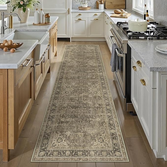 3x8 Washable Brown Runner Rug Vintage Hallway Kitchen Carpet Non-Slip Soft Low Pile Distressed Throw Rug for Bedroom Bathroom Laundry Living Room