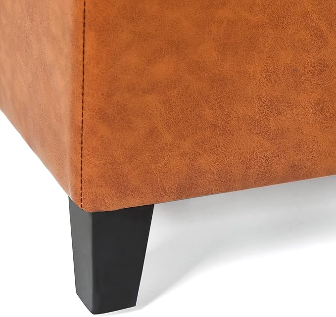 Leather Storage Ottoman with Hinged Lid, Square Foot Rest Stool Tufted Cube Footstool, Cognac Brown
