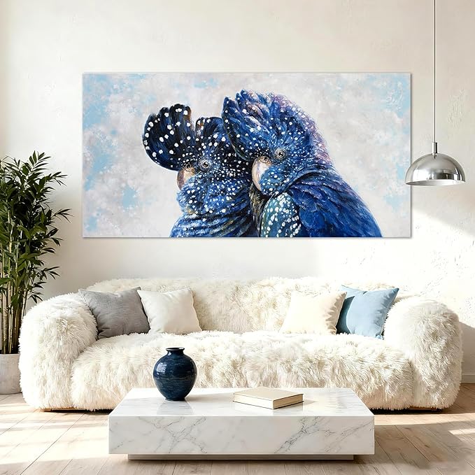 YETHEN WAL Blue Parrot Wall Art, Oversized Blue Bird Canvas Print, Cobalt Textured Animal Artwork for Living Room Bedroom Hallway, 29×58 Inch