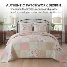 Soul & Lane Blush Bloom Cotton Quilt Set - King Size with 2 Shams, Floral Patchwork Quilted Comforter, Lightweight Country Pieced Bedspread in Blush and Pink, Roses Patch Work Bedding