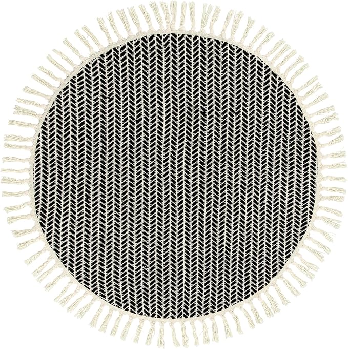 Lahome Boho Black and White Round Rug 3ft, Small Circle Bathroom Kitchen Rug Lightweight Washable Rugs for Entryway with Tassels, Farmhouse Cotton Non Shedding Round Mat for Bath Dorm Bedroom