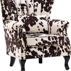 Cow Print Accent Chair Modern Velvet Armchair Tufted Wingback Club Chair Single Sofa Lounge Side Chair with Pillow for Living Room Bedroom, Cow