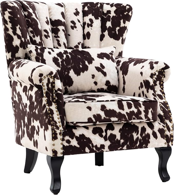 Cow Print Accent Chair Modern Velvet Armchair Tufted Wingback Club Chair Single Sofa Lounge Side Chair with Pillow for Living Room Bedroom, Cow