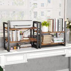 Homeiju Bookshelf, Dorm Desk Hutch, Desk Shelf Organizer, 4 Tier Stackable Bookcase, Adjustable Industrial Book Shelf Storage Organizer for Desktop, Living Room, Bedroom, Office,Rustic Black and Brown