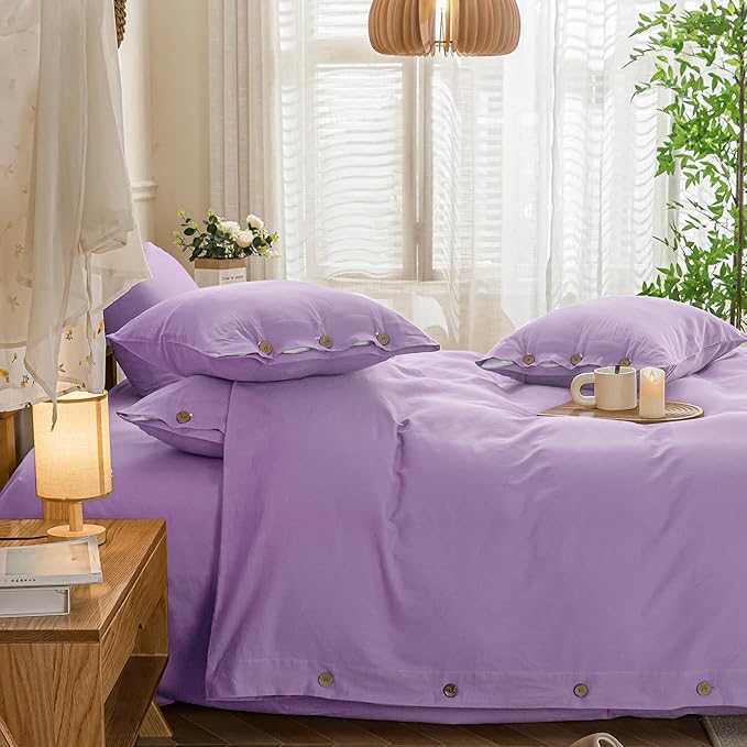 JELLYMONI Cotton Duvet Cover King Size - Light Purple Comforter Cover with Button 100% Washed Cotton 3PCS Breathable Soft Solid Bedding Set Duvet Cover 104×90in & 2 Pillowcases (NO Comforter)