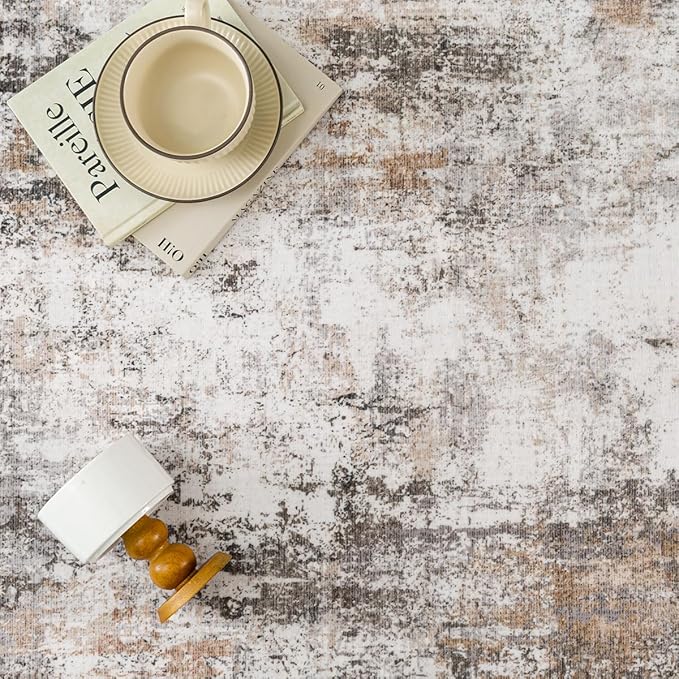 4x4 Washable Round Rug Brown Grey Abstract Entryway Area Rug Neutral Modern Non Slip Soft Low Pile Carpet for Bathroom Kitchen Living Room Bedroom Entrance