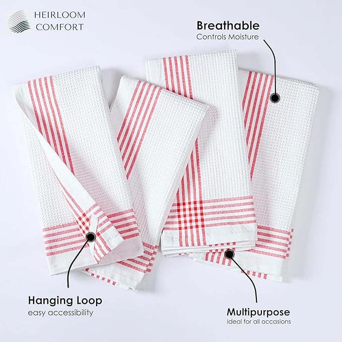 Red and White Waffle Weave Kitchen Towels 3 Pack, 16x26 Inch, Cotton Dish Towels with Hanging Loop, Quick Dry, Absorbent, Machine Washable, Durable for Kitchen & Cleaning