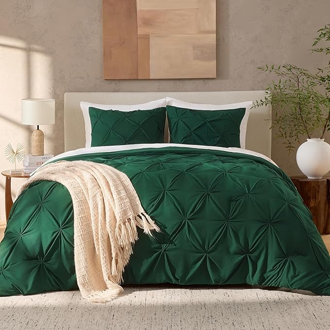 Andency Dark Green Comforter Set Oversized Queen(98x98Inch), 3 Pieces Comforter for Girls Kids, Soft Microfiber Pinch Pleat Comforter Set, All Season Lightweight Bedding Set