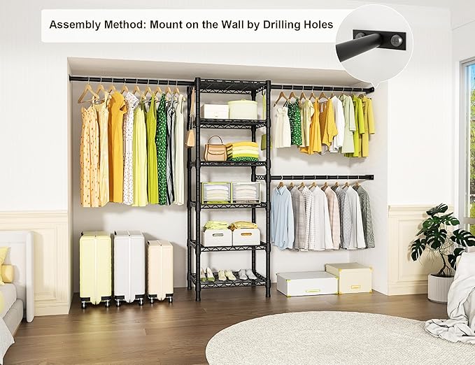 Ulif M5 Wall Mounted Clothes Garment Rack, Heavy Duty Closet Storage and Organizer System with 6 Shelves and 3 Expandable Hanger Rods, Space Saver Suit (46.2-102.4)" W x 14" D x 83.1" H, Black