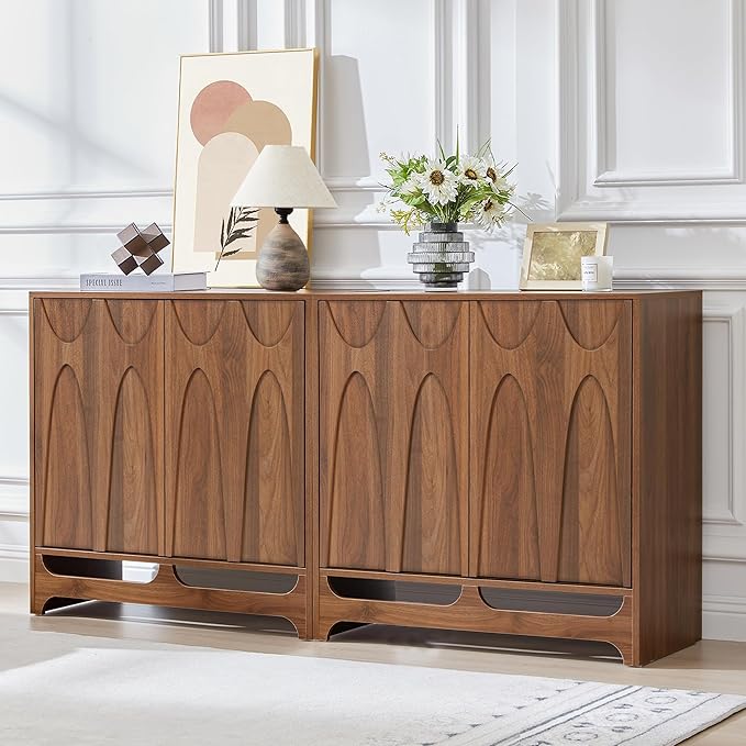 Sideboard Buffet Cabinet with Storage Set of 2, 63” Mid Century Modern Storage Cabinet with Adjustable Shelf and 4 Doors for Dining Room, Living Room,Entry