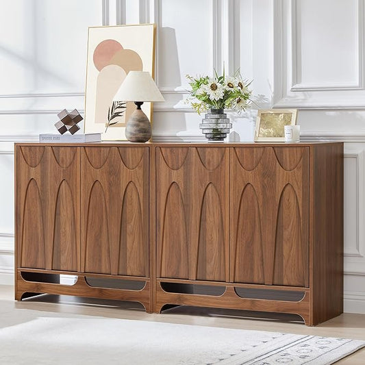 Sideboard Buffet Cabinet with Storage Set of 2, 63” Mid Century Modern Storage Cabinet with Adjustable Shelf and 4 Doors for Dining Room, Living Room,Entry