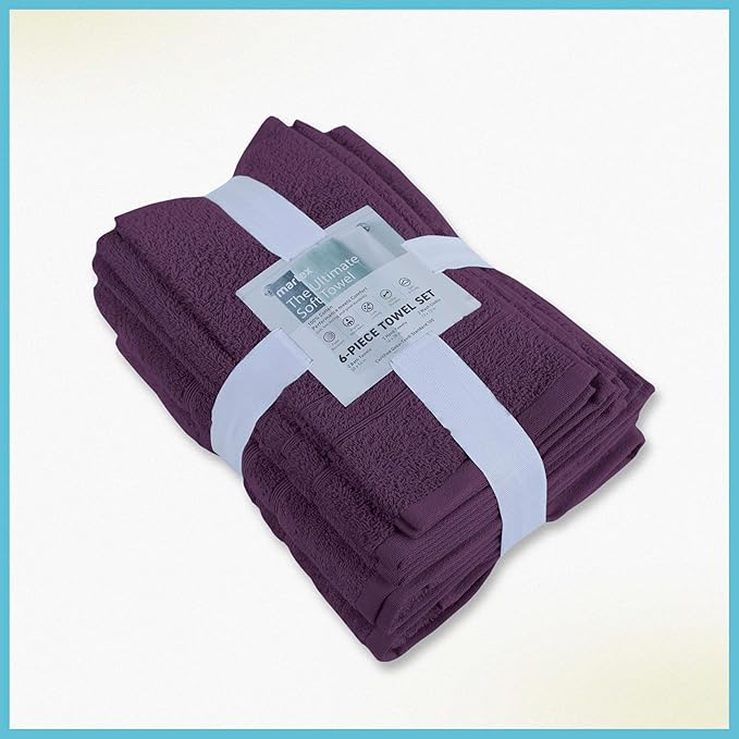 Martex 6-Piece Towel Set – Ultimate Performance – 100% Cotton – 2 Bath Towels – 2 Hand Towels – 2 Wash Cloths – Versatile – Low-Linting – Supersoft & Absorbent Bathroom Set – Easy Care – Dark Purple