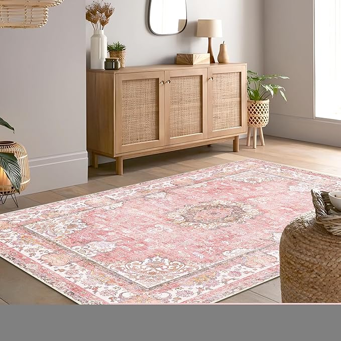 Pink Rug 4'x6.5',Washable Area Rugs for Bedroom Living Room Kitchen Entryway Bedside,Small Boho Vintage Bohemian Distressed Oriental Non Slip Carpet,Blush Floral Flowers