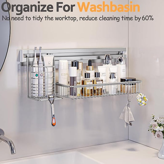 MINGLING Stainless Steel Shower Caddy, 41 cm Wall Back Crossbar Rustproof Shelves with 2 Long Tail Hook Clip, Large Capacity Bathroom Organizers and Storage