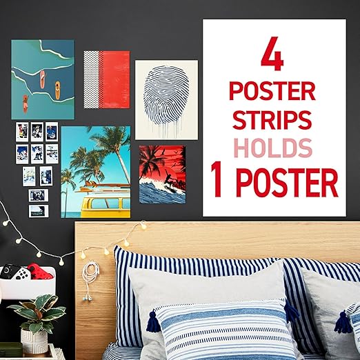 Command Poster Strips, Damage Free Hanging Poster Hangers, No Tools Wall Hanging Strips for Posters, 256 White Adhesive Strips (Pack of 4)