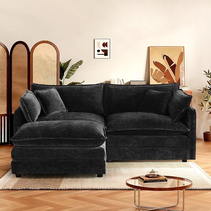 SoarFlash Chenille Sectional Sofa, Comfy L Shaped Modular Coush Sofa with Ottoman, Modern 2 Seat Couch Deep Seat Sofa Set for Living Room,Black