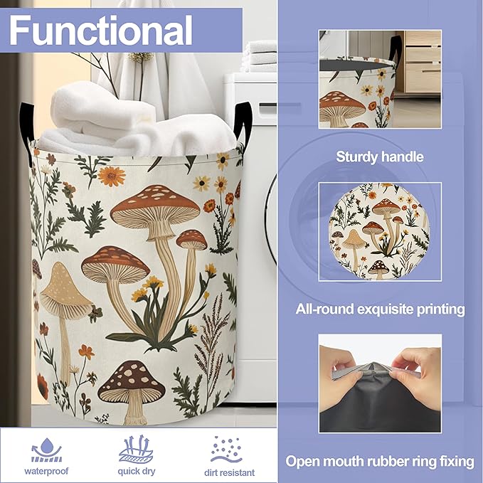 Laundry Basket,Retro Mushrooms Large Canvas Fabric Lightweight Storage Hamper Organizer Dirty Clothes Collapsible Waterproof for College Dorms,Bathroom