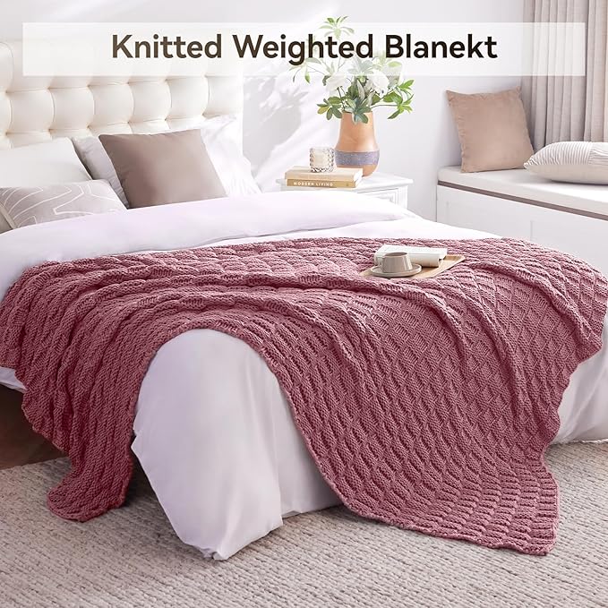 Knitted Weighted Blanket for Adult, No Beads Heavy Blanket 60” x 80'' 12lbs, Breathable Chunky Knit Blanket, Cooling Weighted Blanket for Hot Sleepers, Christmas Home Decor (Pink)