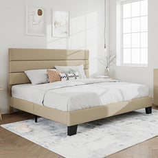 SHA CERLIN King Platform Bed Frame with Upholstered Fabric Headboard, Mattress Foundation with Strong Wooden Slats Support, No Box Spring Needed, Beige