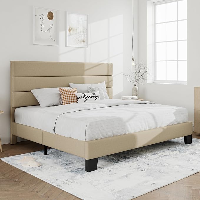 SHA CERLIN King Platform Bed Frame with Upholstered Fabric Headboard, Mattress Foundation with Strong Wooden Slats Support, No Box Spring Needed, Beige