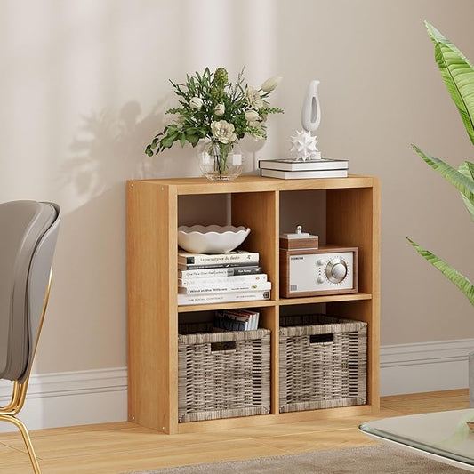 4 Cube Storage Organizer, 2x2 Cube Bookshelf, Cubby Storage Shelf, Wooden Organizer Shelf with Thickened Boards, for Closet Bedroom Home Office Living Room, 25.12" L x 9.37" W x 25.12" H, Natural-Oak