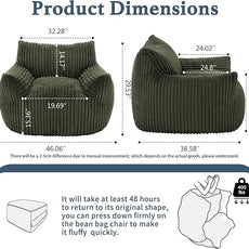 Giant Plush Bean Bag Chair for Adults with Armrests - Oversized Comfy Green Beanbag Lounge Lazy Floor Sofa Accent Chair for Living Room, Bedroom & Dorm, Cozy Fluffy Single Cloud Mini Couch