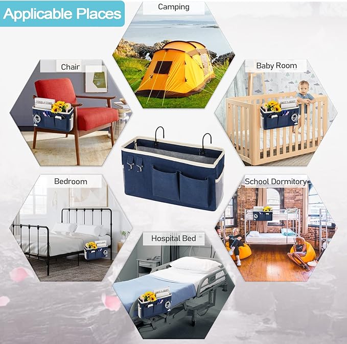 Loghot Bedside Caddy/Bedside Storage Bag Hanging Organizer for Bunk and Hospital Beds,Dorm Rooms Bed Rails,Can be Placed Glasses,Books,Mobile Phones,Keys (Navy Blue)