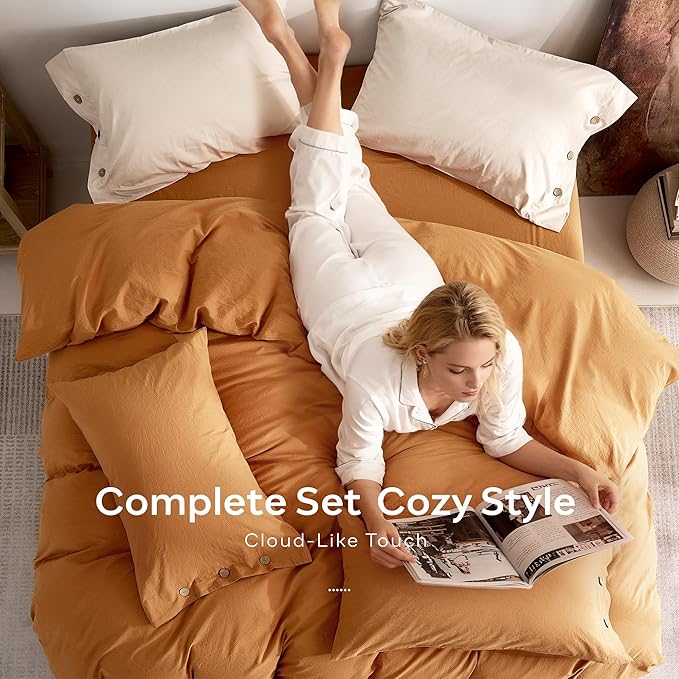 JELLYMONI 100% Washed Cotton Duvet Cover Queen – Soft, Breathable Linen-Look Bedding with Natural Wrinkle Texture, Button Closure, 3-Piece Set (Amber Orange, 90"x90")