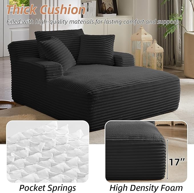 Oversized Chaise Lounge Chair Indoor Corduroy Sofa Bed with Throw Pillows Recliner Chair Comfy Large Deep Seat Sofa Couch for Living Room, Bedroom, Apartment (Black)