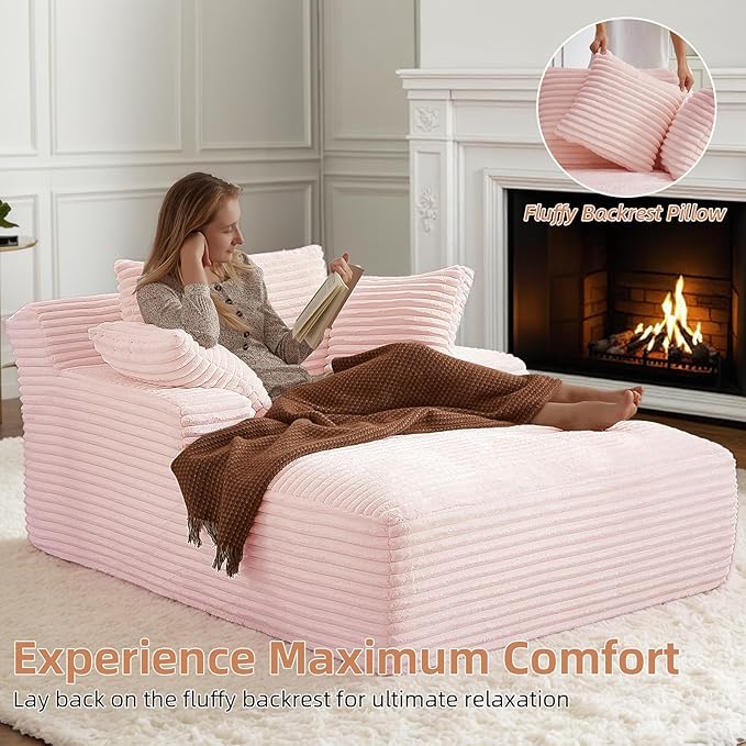 Oversized Chaise Lounge Chair Indoor Corduroy Sofa Bed with Throw Pillows Recliner Chair Comfy Large Deep Seat Sofa Couch for Living Room, Bedroom, Apartment (Pink)