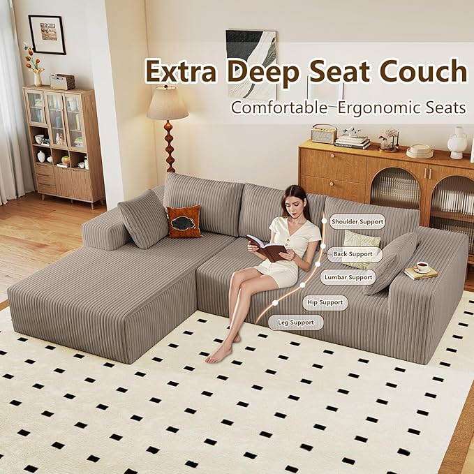 96" Modular Sectional Couch, Boneless L Shaped Cloud Sofa with Chaise Lounge, Corduroy Upholstered Couches Memory Foam Deep Seat, No Assembly Required, Ideal for Living Room(Camel, Left Facing)