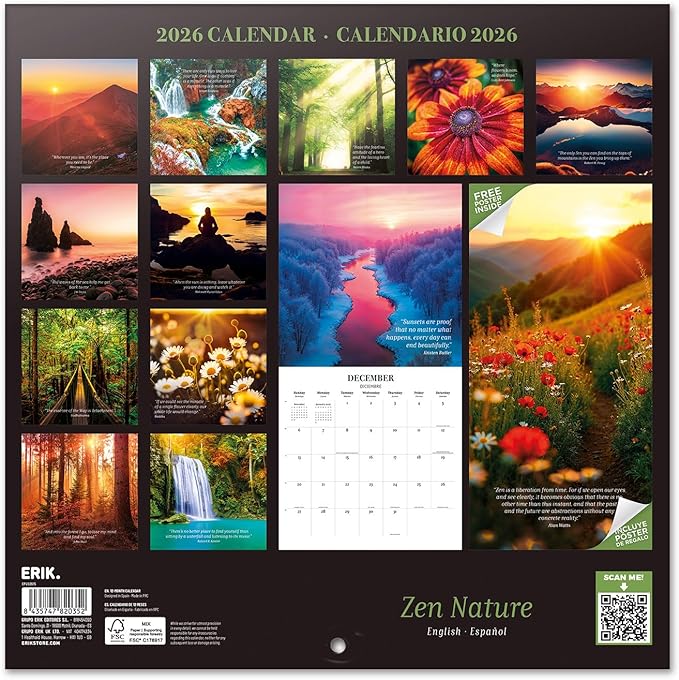 Zen Nature Wall Calendar 2026 12" x 12" FSC® Plastic Free - Starts Week On Sunday | Family Planner Art Calendar 2026