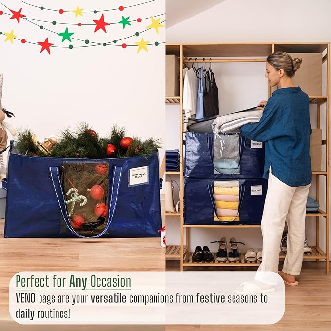 VENO 8 Pack Moving Bags, Christmas Storage Bins, Moving Boxes Alternative, Comforter and Blanket Storage Bags, College Dorm Packing Supplies, Foldable Heavy-Duty Tote with Window (Blue, 8 Pack)