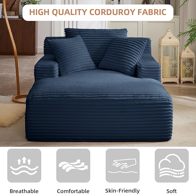 Oversized Chaise Lounge Chair Indoor Corduroy Sofa Bed with Throw Pillows Recliner Chair Comfy Large Deep Seat Sofa Couch for Living Room, Bedroom, Apartment (Blue)