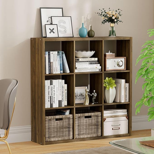 9-Cube Storage Organizer, Wooden Cube Shelf Bookcase with Reinforced Thick Shelves, Heavy-Duty 36.93" L x 9.37" W x 36.93" H, for Living Room Bedroom Home Office, Brown