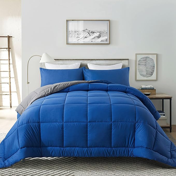 DOWNCOOL Twin Comforter Set -All Season Bedding Comforters Sets with 1 Pillow Case -2 Pieces Bed Set Down Alternative Comforter Set -Blue/Grey Twin Bedding Sets(64"x88")