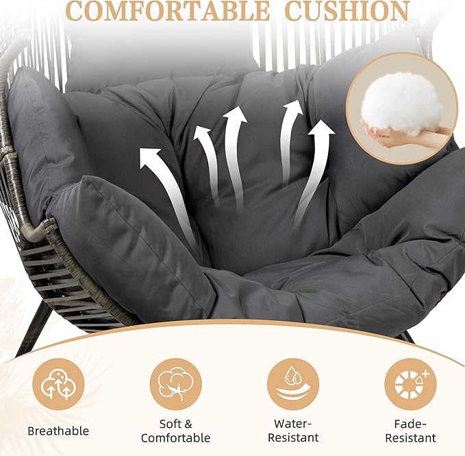 Vongrasig Comfy Wicker Egg Chair, Soft Thick Cushion Rattan Lounge Chair, High Capacity Steel Frame, Reading Chair for Living Room, Bedroom, Dorm Rooms (Black/Rattan)