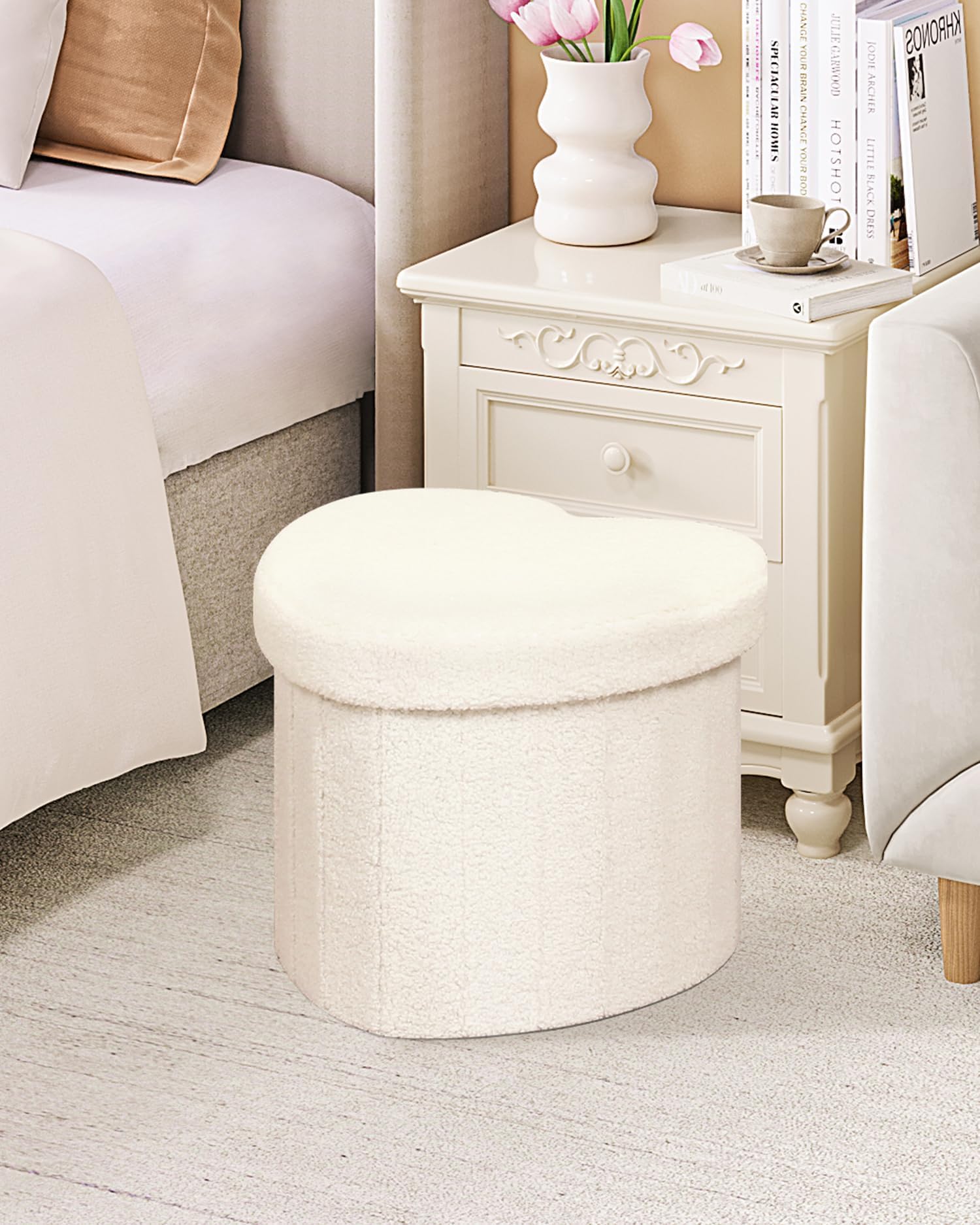 B FSOBEIIALEO Storage Ottoman Cube, Flowers Shaped Ottomans with Storage Foot Stool Footrest for Lving Room, Boucle Ottoman Seat for Dorm Room,Faux Teddy Fur,White 12.6"x12.6"x12.6" Dormly