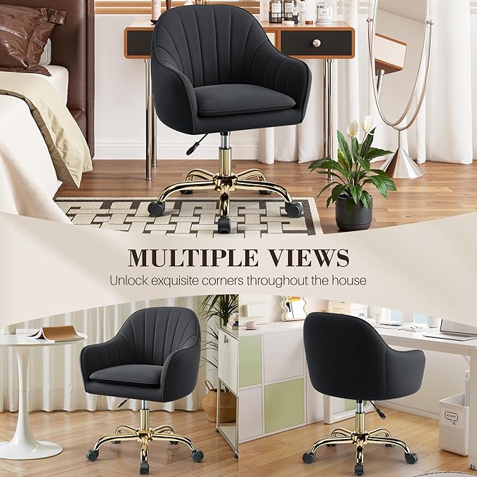 Vanity Chair with Wheels, Comfy Home Office Desk Chairs Adjustable Modern Velvet Makeup Vanity Chairs for Bedroom Living Room-Black