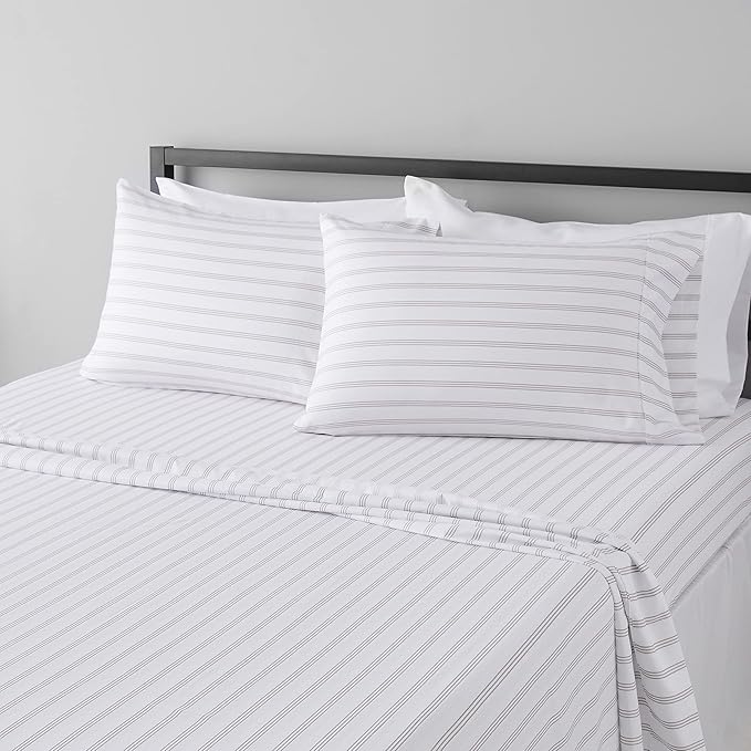 Amazon Basics Lightweight Super Soft Easy Care Microfiber 4 Piece Bed Sheet Set with 14-Inch Deep Pockets, Queen, Taupe Stripe, Striped AmazonBasics