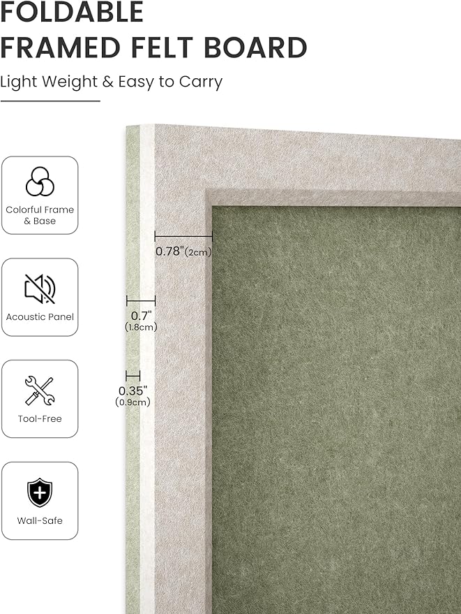 Felt Cork Board Alternative, Felt Bulletin Board 16" x 12" Oatmeal Frame with 8 Adhesive Tabs, Pin Board for Home Office, Classroom, Entryway, Kitchen Wall Decor—Sage