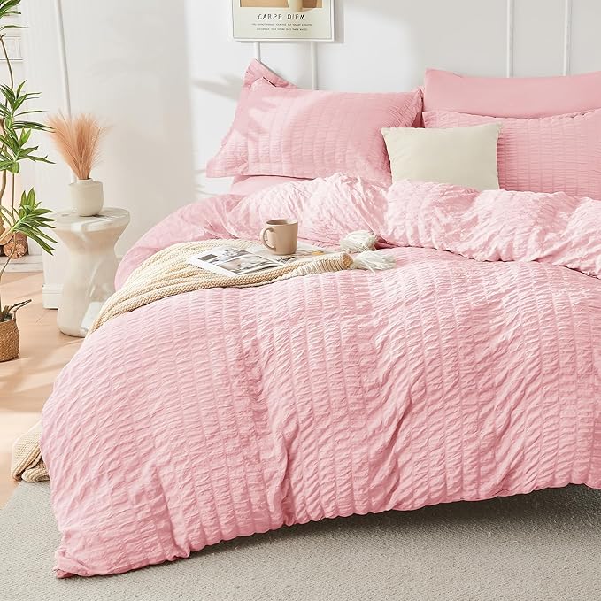 HYMOKEGE Pink King Size Comforter Set Seersucker 7 Pieces, All Season Luxury Bed in a Bag for Bedroom, Bedding Set with Comforters, Sheets, Pillowcases & Shams