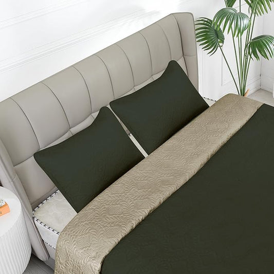 Easy-Going Full/Queen Size Reversible Quilt Set with 1 Quilt and 2 Pillow Shams, Soft Bed Quilt Cover, Water Resistant Lightweight Microfiber Bedspread, Stain Resistant, Olive Leaf-Army Green/Beige
