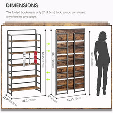 4NM No Assembly Extra Wide 5 Tiers Folding Bookshelf Storage Shelves Vintage Bookcase Standing Racks Study Organizer Home Office (Rustic Brown Black)